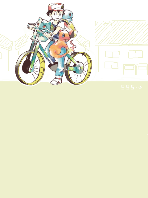 1990s_(style), 1995, 1boy, baseball_cap, bicycle, black_hair, bulbasaur, charmander