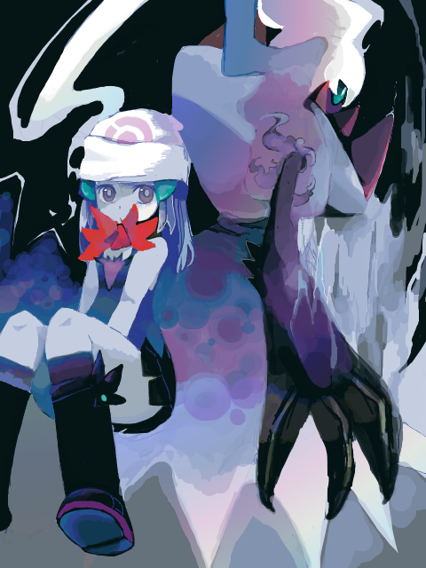 00s, 1girl, blue_hair, dark, darkrai, dawn_(pokemon), gen_4_pokemon, hair_ornament