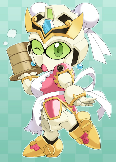 10s, 1girl, bad_id, bad_pixiv_id, bamboo_steamer, bun_cover, double_bun, earrings, female_focus, gundam, hair_bun, jewelry, maou_alba, one_eye_closed, robot, sd_gundam, sd_gundam_sangokuden, solo, sonshoukou_garbera, steam, tray, waitress, wink