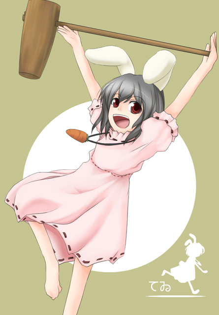 1girl, :d, animal_ears, bad_id, bad_pixiv_id, barefoot, black_hair, rabbit_ears