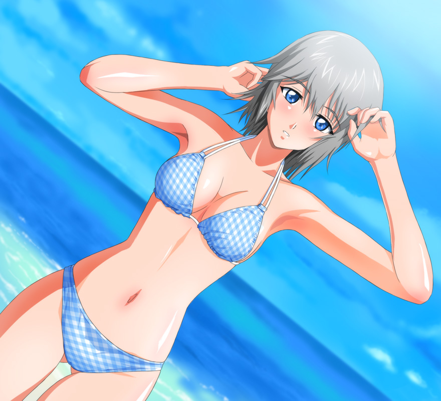1girl, beach, bikini, blue_eyes, day, dutch_angle, kyouno_rhythmy, shopyun, short_hair, silver_hair, swimsuit, tokimeki_memorial, tokimeki_memorial_4
