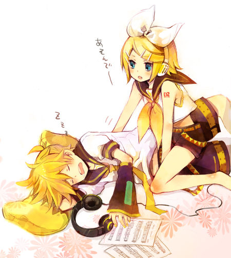 1boy, 1girl, blonde_hair, blue_eyes, brother_and_sister, detached_sleeves, hair_ornament, hair_ribbon