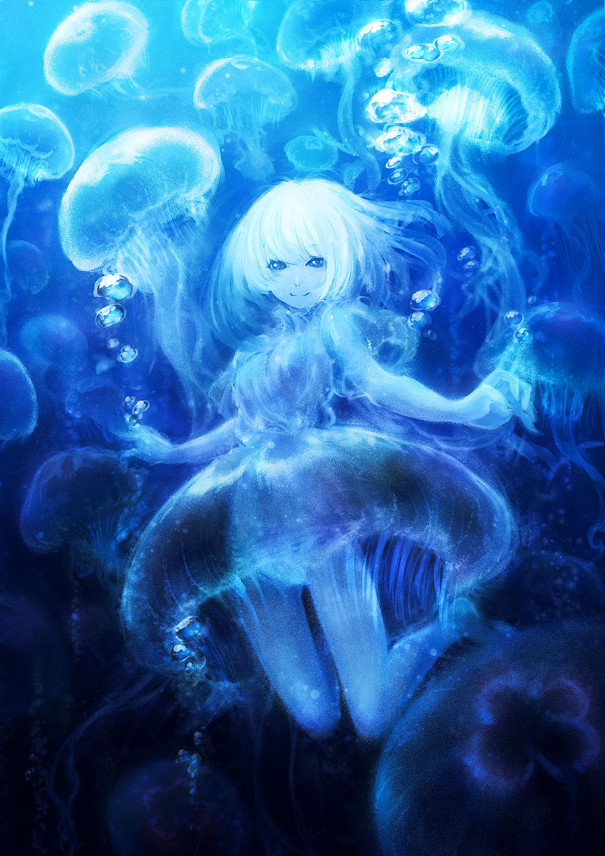 1girl, air_bubble, akitani_kou, blue_theme, bubble, highres, jellyfish, jellyfish_girl, looking_at_viewer, monster_girl, original, personification, smile, underwater