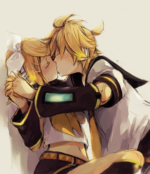 1boy, 1girl, blonde_hair, blush, bow, brother_and_sister, detached_sleeves, closed_eyes, hair_bow, hair_ornament, hairclip, holding_hands, hetero, incest, interlocked_fingers, kagamine_len, kagamine_rin, kiss, midriff, navel, short_hair, siblings, twincest, twins, vocaloid, yukkii