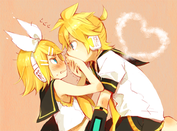 1boy, 1girl, blonde_hair, blush, bow, brother_and_sister, covering_another's_mouth, detached_sleeves