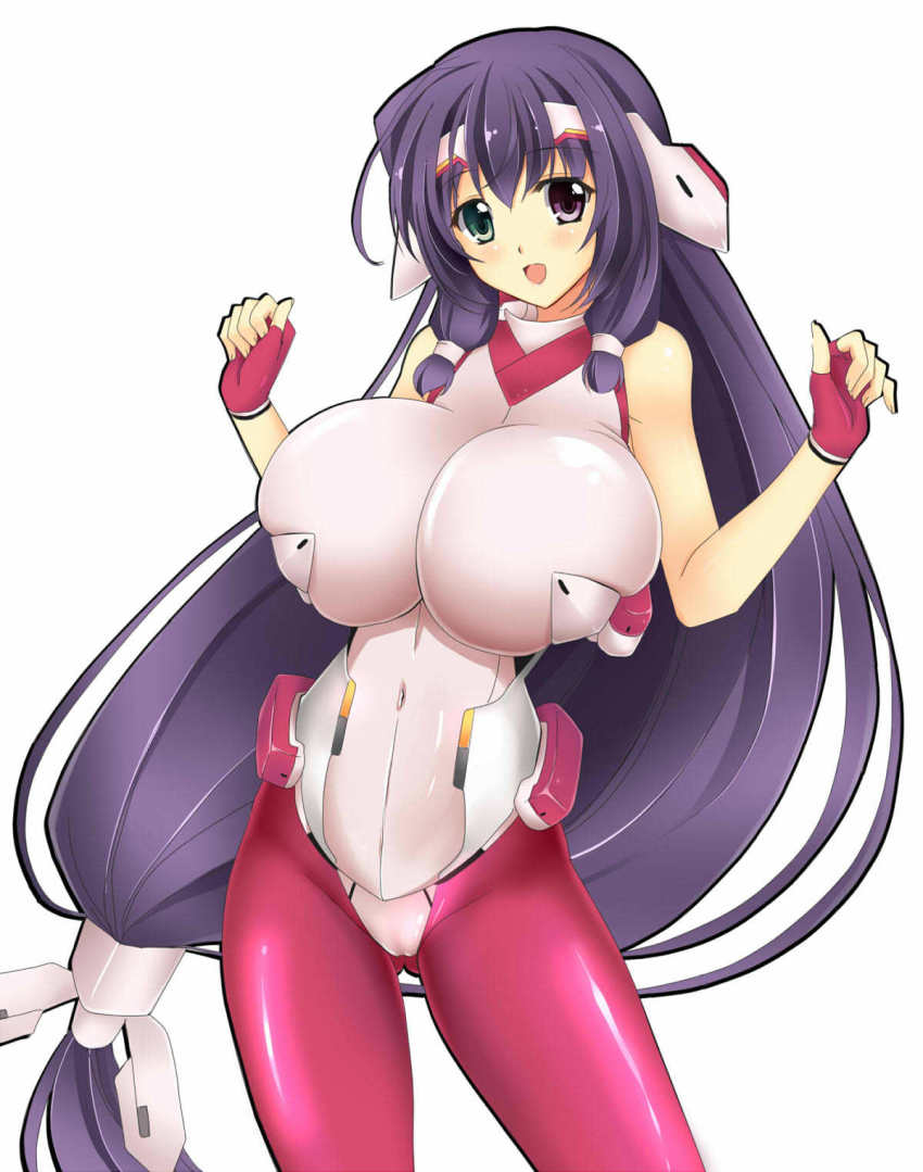 asama_tomo, black_hair, bodysuit, breasts, fingerless_gloves, gloves, green_eyes, heterochromia