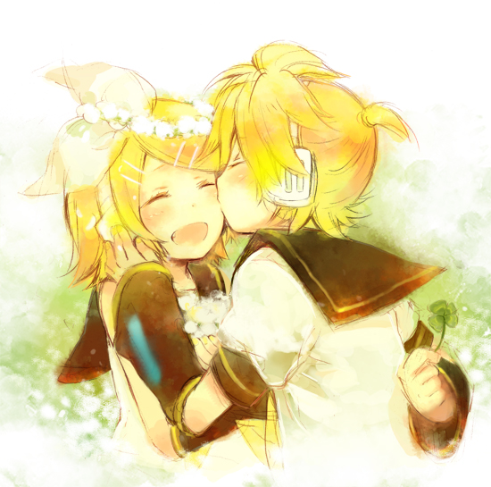 1boy, 1girl, blonde_hair, brother_and_sister, clover, clover_(flower), closed_eyes, flower