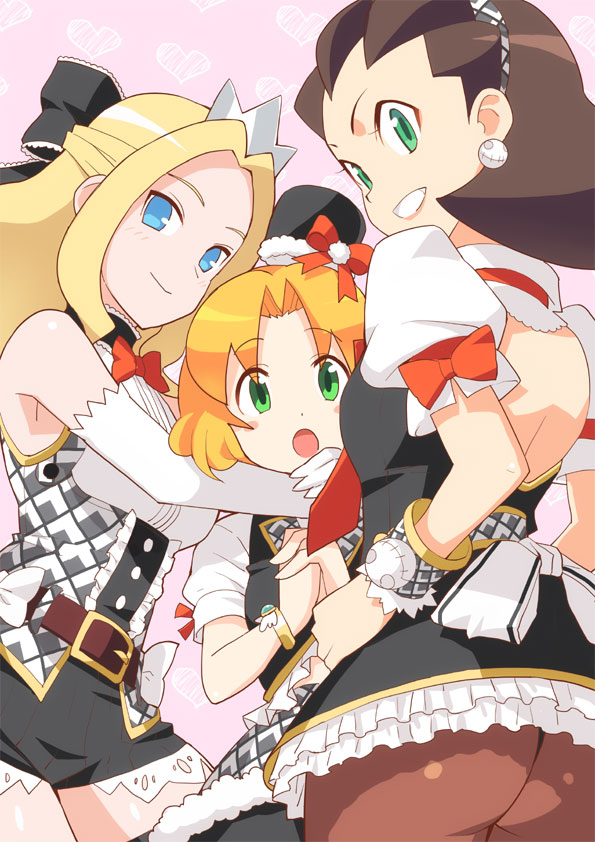 00s, 3girls, alternate_costume, armpits, ass, bare_shoulders, belt, blonde_hair, blue_eyes, bow, bracelet, brown_hair, brown_legwear, capcom, earrings, elbow_gloves, frills, gloves, green_eyes, hair_slicked_back, hairband, hands_on_own_hips, jewelry, kalinka_cossack_(mega_man), long_hair, mega_man_(classic), mega_man_(series), mega_man_4, mega_man_battle_network, mega_man_battle_network_(series), mega_man_legends_(series), miniskirt, multiple_girls, own_hands_together, pantyhose, princess_pride_(mega_man), puffy_sleeves, shishigomi, shorts, skirt, thighhighs, thong, tron_bonne_(mega_man), white_gloves, wrist_cuffs