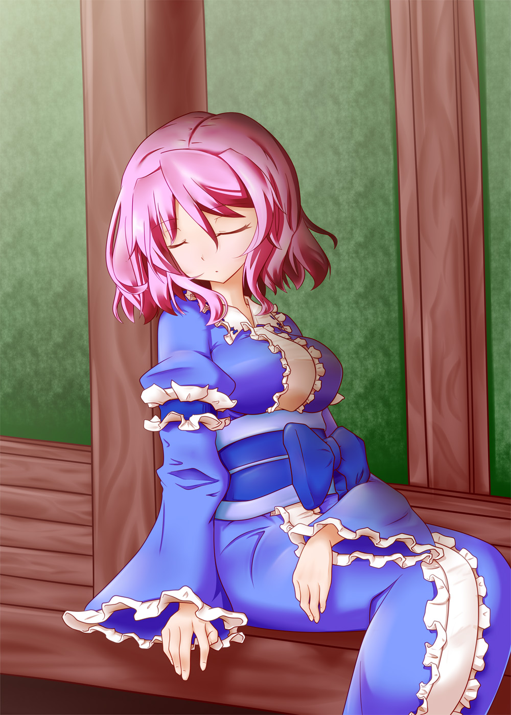 1girl, breasts, closed_eyes, female_focus, highres, japanese_clothes, missing_headwear, no_headwear