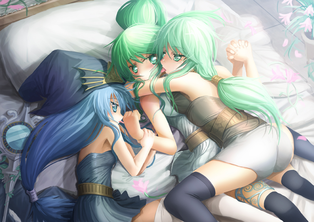 3girls, ariel_(yu-gi-oh!), bare_shoulders, bed, black_legwear, blue_eyes, blue_hair, blush, caam_serenity_of_gusto, calm, _silent_gusta, duel_monster, eria_(yu-gi-oh!), eria_the_water_charmer, flower, gishki_ariel, green_eyes, green_hair, hat, hokuto_(hokuto_pk), holding_hands, hug, licking, licking_hand, long_hair, low-tied_long_hair, lying_on_person, multiple_girls, on_bed, petals, pillow, ponytail, ritua_erial, thighhighs, wand, white_legwear, winda_(yu-gi-oh!), winda_priestess_of_gusto, witch_hat, wynn_(yu-gi-oh!), wynn_the_wind_charmer, wynnda_miko_of_the_gusta, yu-gi-oh!, yu-gi-oh!_duel_monsters, yuri