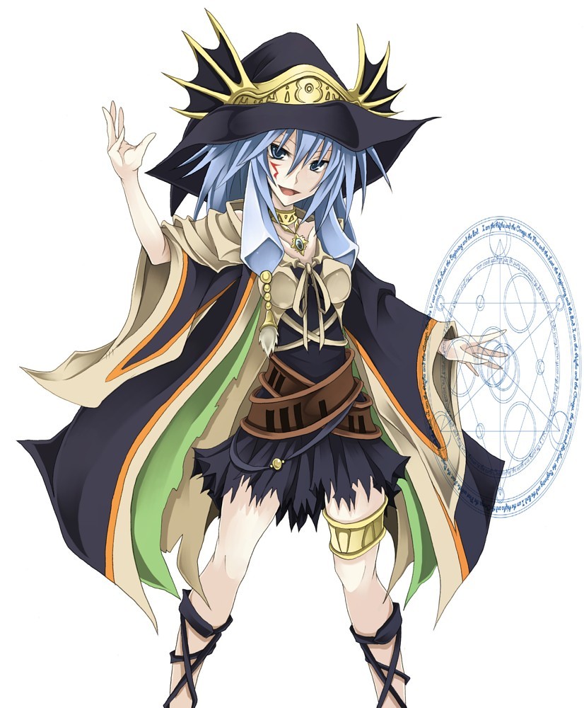 1girl, ariel_(yu-gi-oh!), black_dress, blue_eyes, blue_hair, choker, coat, dress, duel_monster, evigishki_mind_augus, evigishki_mind_augus_(ritual_monster), facial_mark, female_focus, gishki_ariel, hat, hexagram, korican, long_hair, looking_at_viewer, matching_hair/eyes, ritua_erial, smile, solo, staff, witch_hat, yu-gi-oh!, yu-gi-oh!_duel_monsters