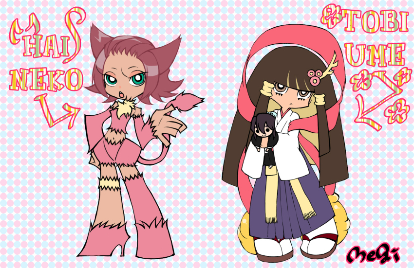 2girls, animal_ears, asymmetrical_legwear, bad_id, bad_pixiv_id, bell, black_hair, bleach, bleach:_zanpakutou_ibun_hen, brown_eyes, brown_hair, cat_ears, cat_tail, character_doll, crossover, dark-skinned_female, dark_skin, doll, frilled_thigh_strap, frown, green_eyes, haineko, hair_ornament, high_heels, hinamori_momo, japanese_clothes, kimono, long_hair, megi, midriff, mismatched_legwear, multiple_girls, open_mouth, panty_&amp;_stocking_with_garterbelt, parody, red_hair, ribbon, sandals, shoes, short_hair, shorts, single_thighhigh, style_parody, tail, thigh_strap, thighhighs, tobiume