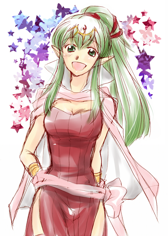 1girl, :d, aged_up, blush, breasts, cape, cleavage, dress, female_focus, fire_emblem, fire_emblem_awakening, green_eyes, green_hair, hair_ornament, hair_ribbon, high_ponytail, long_hair, matching_hair/eyes, nintendo, open_mouth, orikoshi_shino, pointy_ears, ponytail, ribbon, side_slit, sketch, smile, solo, tiki_(adult)_(fire_emblem), tiki_(fire_emblem)