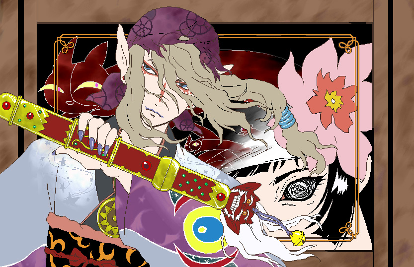 00s, 1boy, 1girl, bakeneko, bandana, black_hair, blonde_hair, blue_eyes