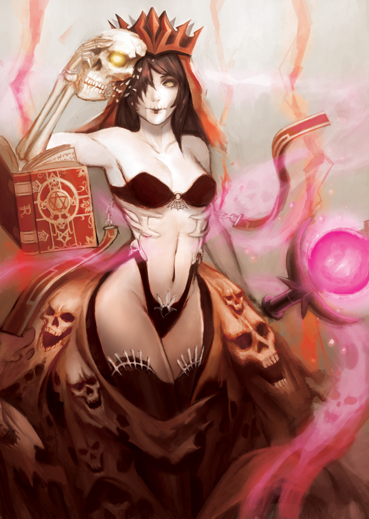 1girl, bare_shoulders, bone, book, breasts, brown_hair, crown, female_focus