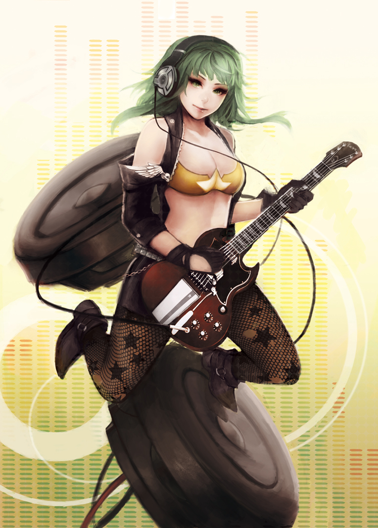 1girl, breasts, cable, cleavage, detached_sleeves, electric_guitar, female_focus, fishnet_pantyhose