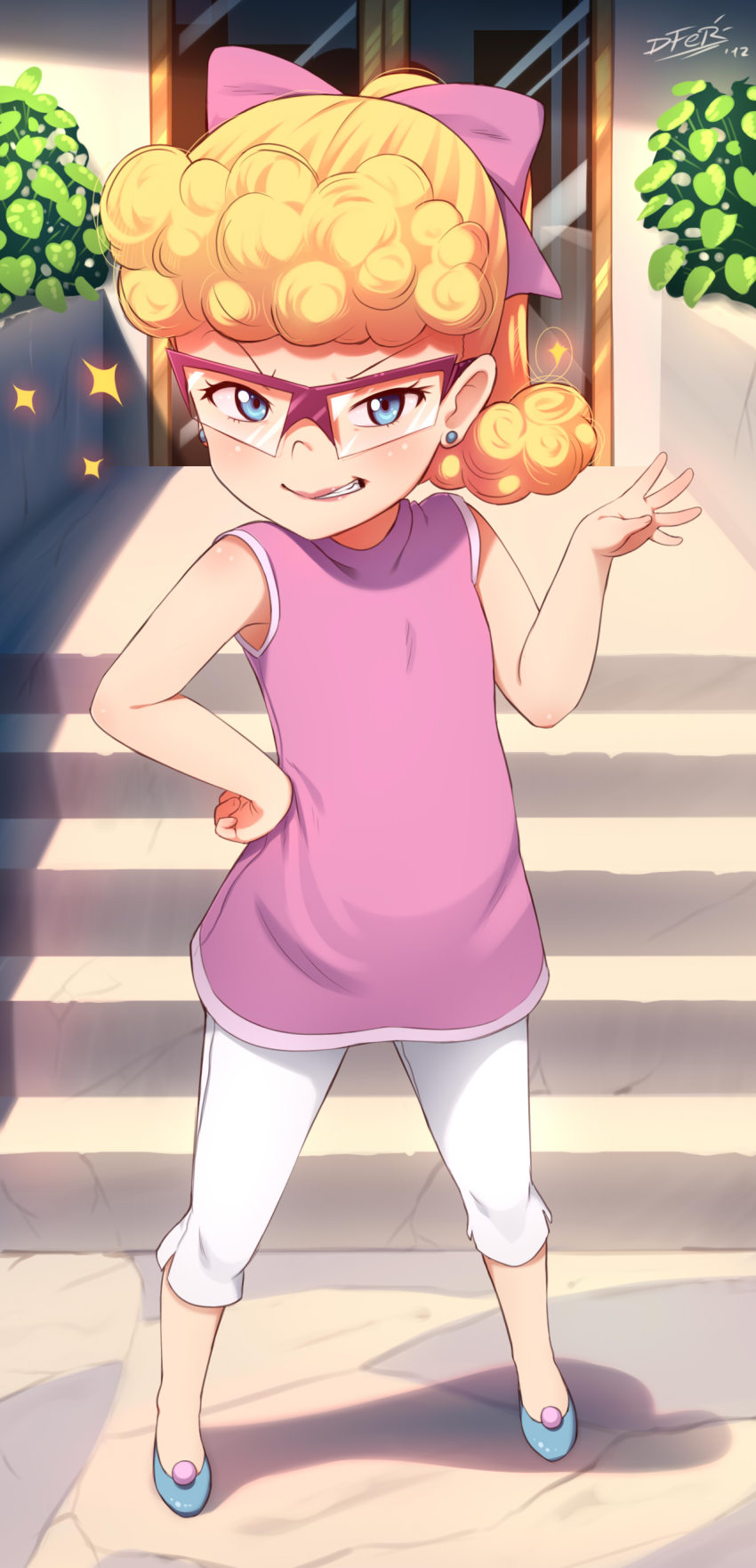 1girl, absurdres, artist_name, blonde_hair, blue_eyes, blue_shoes, bow, clenched_teeth, curly_hair, dated, disney, dress, earrings, fang, female_focus, glasses, grin, hair_bow, hand_on_own_hip, highres, idfer, jewelry, lilo_&amp;_stitch, looking_at_viewer, pants, piko_(stitch!), pink_dress, shoes, sleeveless, sleeveless_dress, smile, solo, sparkle, stairs, standing, stitch!, teeth, white_pants