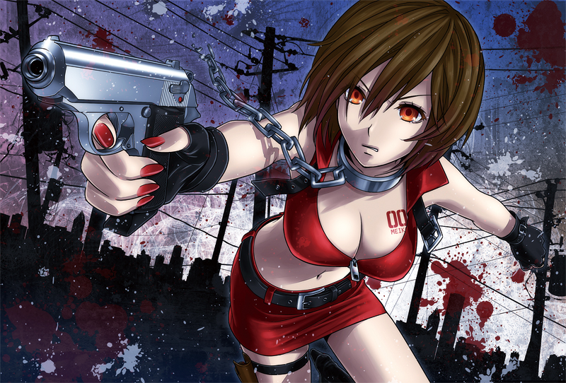 1girl, breasts, brown_eyes, brown_hair, chain, cleavage, collar, female_focus, finger_on_trigger, fingerless_gloves, gloves, gun, handgun, holding, holding_gun, holding_weapon, kirita_asami, medium_breasts, meiko_(vocaloid), midriff, nail_polish, navel, short_hair, solo, vocaloid, walther, weapon