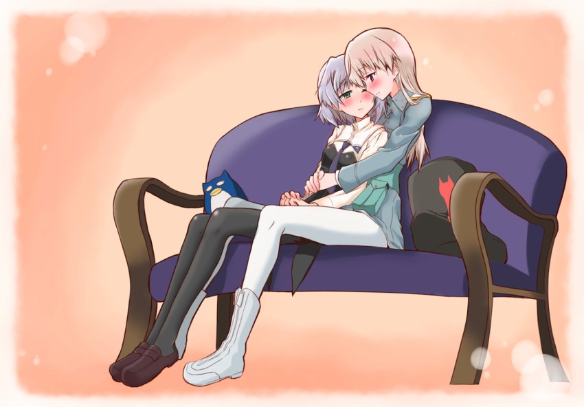 2girls, bad_id, bad_pixiv_id, blonde_hair, blue_eyes, blush, couple, eila_ilmatar_juutilainen