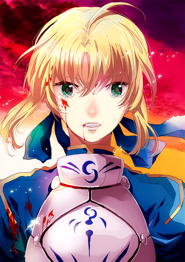 1girl, ahoge, armor, artoria_pendragon_(fate), bettyannnewaters, blonde_hair, blood, blood_on_face