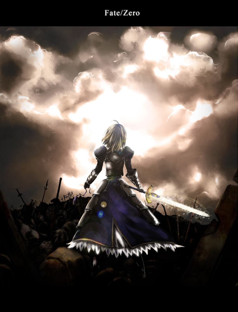 1girl, ahoge, armor, armored_dress, artoria_pendragon_(fate), battlefield, blonde_hair, copyright_name