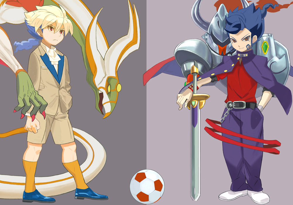 2boys, armor, ball, blue_hair, brown_eyes, dragon, hakuryuu_(inazuma_eleven), inazuma_eleven