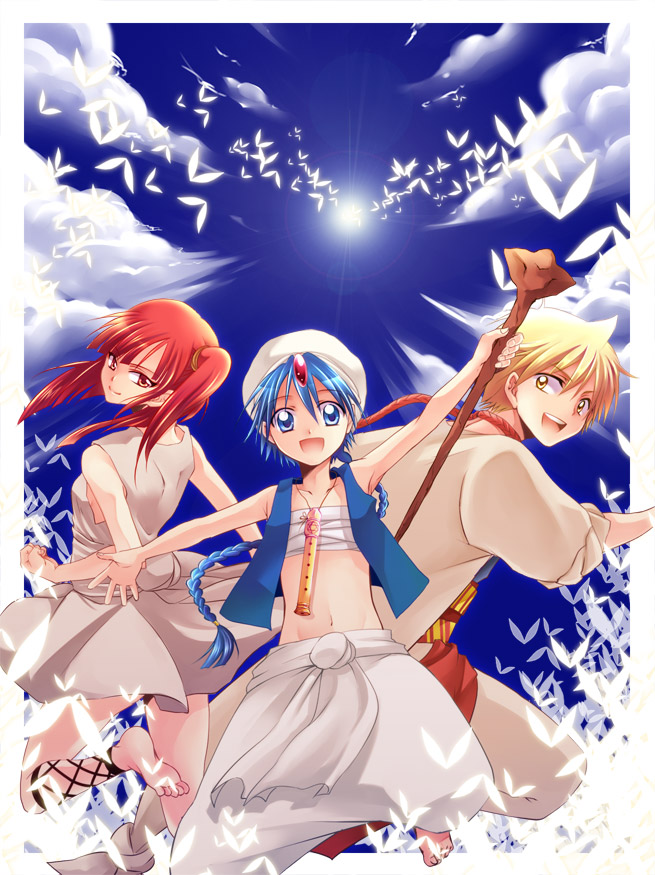 1girl, 2boys, aladdin_(magi), alibaba_saluja, blonde_hair, blue_eyes, blue_hair, braid