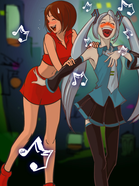 2girls, blush, drunk, happy, hatsune_miku, laughing, long_hair, meiko_(vocaloid)