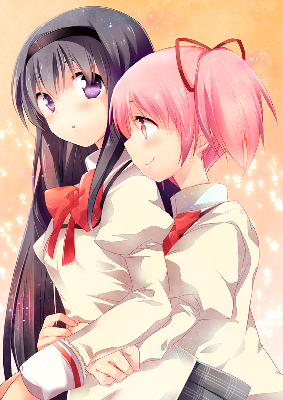 10s, 2girls, akemi_homura, black_hair, blush, bow, hair_ribbon, hairband