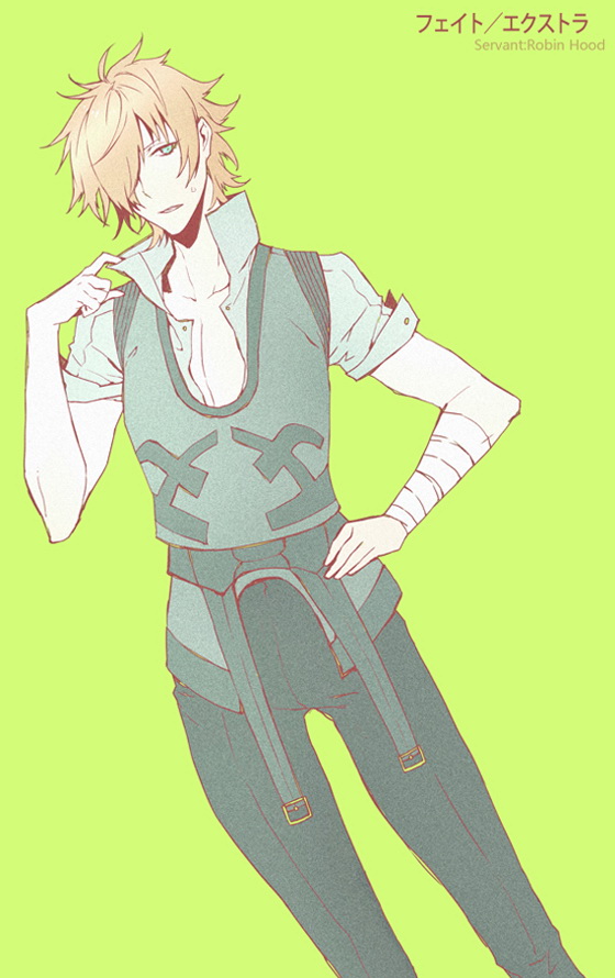 10s, 1boy, bad_id, bad_pixiv_id, brown_hair, community666, fate/extra, fate_(series), green_eyes, hair_over_one_eye, male_focus, orange_hair, robin_hood_(fate), solo