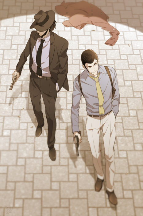 2boys, arsene_lupin_iii, bad_id, bad_pixiv_id, beard, facial_hair, formal_clothes, from_above, full_body, gun, hand_in_pocket, handgun, hat, hat_over_eyes, holster, jacket, jigen_daisuke, lupin_iii, male_focus, multiple_boys, necktie, pistol, red_jacket, shin'ya_(midnight_rain), shoulder_holster, smile, square-end_necktie, standing, suit, tms_entertainment, unworn_jacket, walking, weapon, yellow_necktie