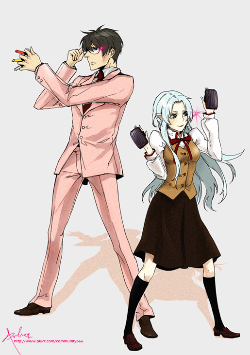 1boy, 1girl, bad_id, bad_pixiv_id, between_fingers, black_eyes, black_hair, blue_eyes, blue_hair, board_eraser, braid, chalk, community666, fate/stay_night, fate_(series), formal_clothes, glasses, holding, homurabara_academy_school_uniform, kuzuki_souichirou, long_hair, medea_(caster)_(fate), medea_(fate), parody, pointy_ears, purple_hair, school_uniform, suit