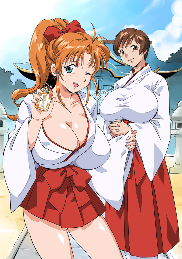 2girls, breasts, brown_eyes, brown_hair, cleavage, engawa_suguru, female_focus, final_romance_2, green_eyes, hair_ornament, hair_ribbon, huge_breasts, japanese_clothes, long_skirt, miko, miniskirt, multiple_girls, nunukawa_miku, one_eye_closed, orange_hair, outdoors, ponytail, ribbon, short_hair, skirt, smile, super_real_mahjong, thighs, toyohara_etsuko, wink
