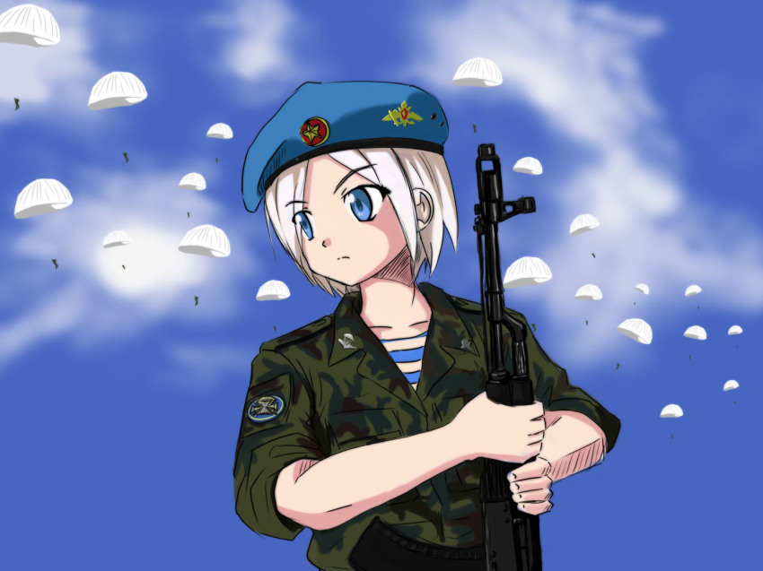 1girl, ak-101, ak-74, ak-74m, assault_rifle, beret, character_request, erica_(naze1940), female_focus, gun, hat, kalashnikov_rifle, military, military_uniform, parachute, rifle, russia, shirt, solo, source_request, striped_clothes, striped_shirt, telnyashka, vdv, weapon