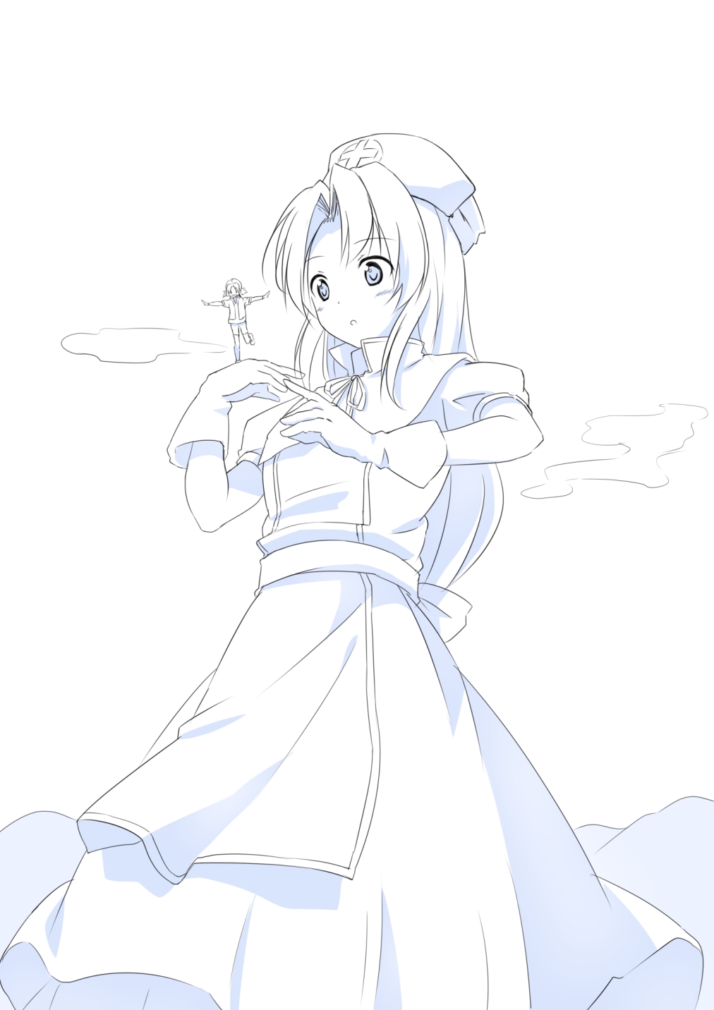 2girls, balancing, blush, cloud, eliza_(yunzo), giant, giantess, hachimitsu_(gts)