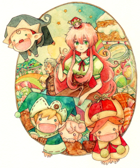 10s, 1girl, :d, bad_id, bad_pixiv_id, cake, candy, facial_hair