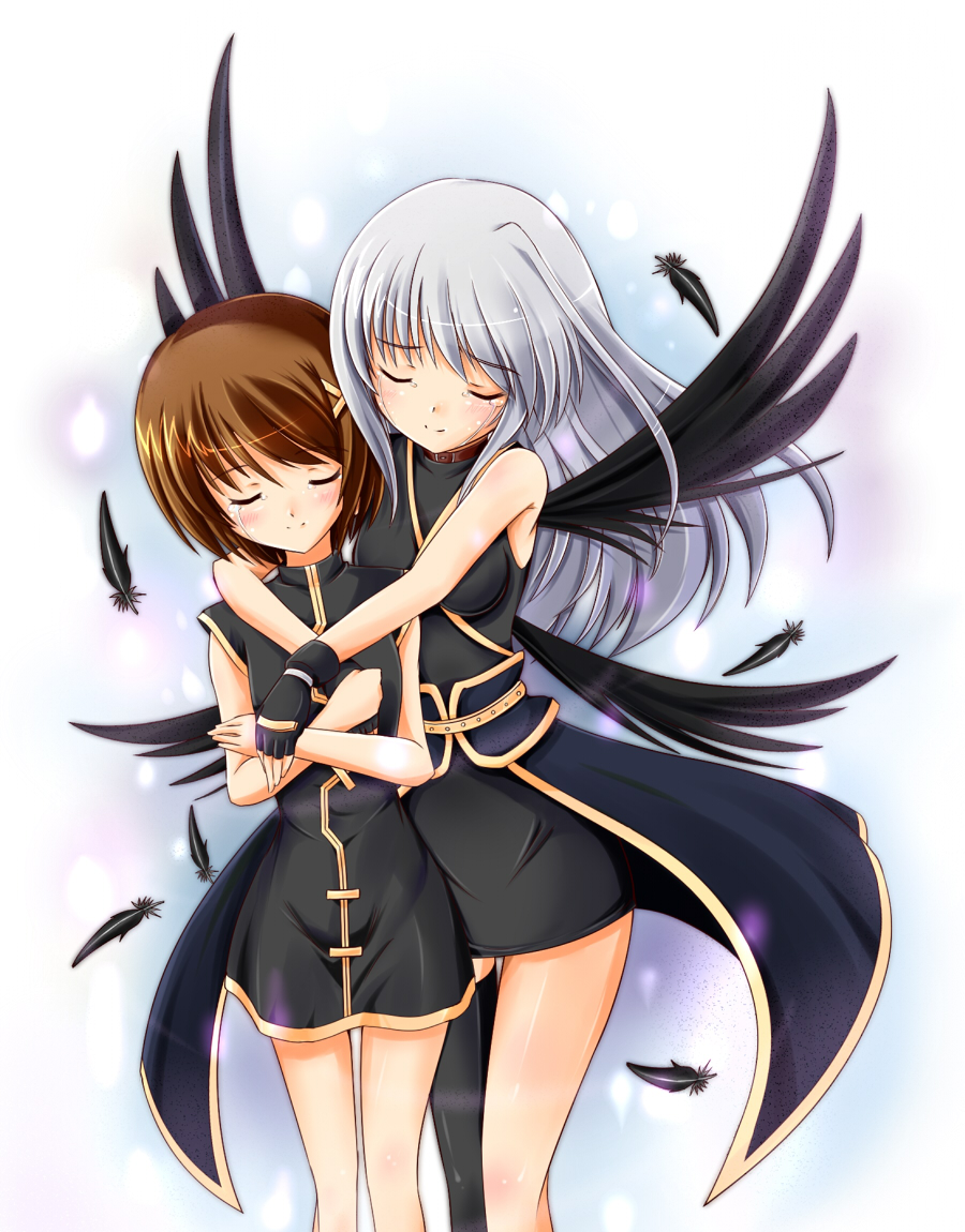 2girls, black_wings, blush, brown_hair, crying, feathers, fingerless_gloves, gloves