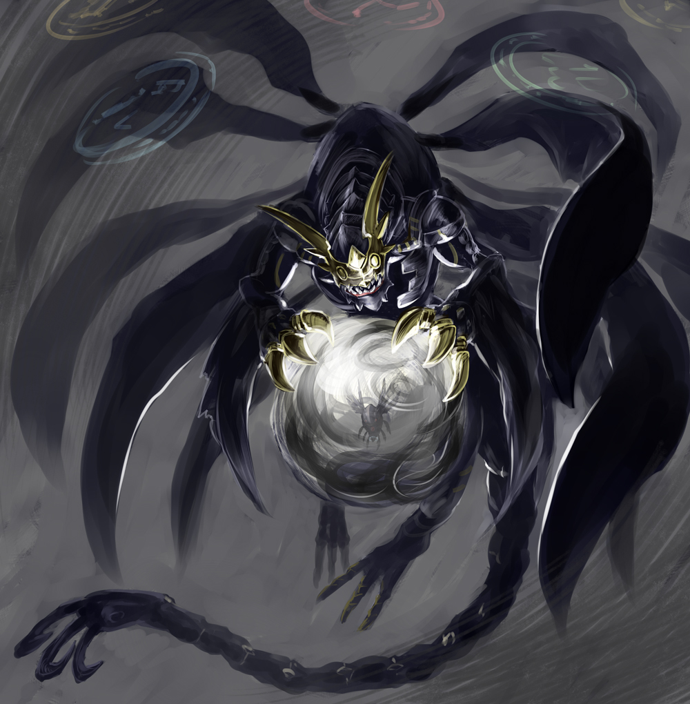00s, bandai, claws, creepy, darkness, demon, digimon, digimon_(creature), digimon_frontier, dragon, fangs, horns, lucemon, lucemon_larva, lucemon_satan_mode, monster, multiple_wings, no_humans, seven_great_demon_lords, sharp_teeth, solo, orb, spikes, tail, teeth, wings, yagi_(sinnsyou)