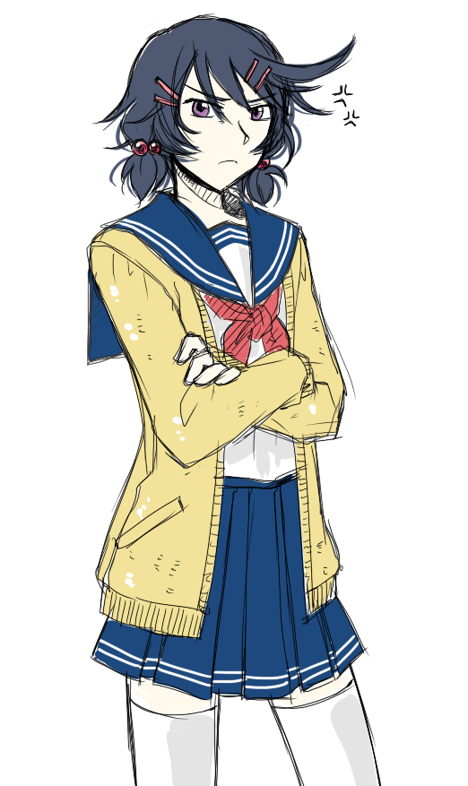 1boy, alfa_system, anger_vein, black_eyes, black_hair, cardigan, crossdressing, crossdressing_(mtf)