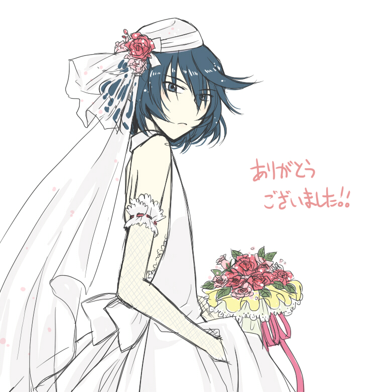 1boy, alfa_system, black_eyes, black_hair, bouquet, dress, flower, kongwai_tao
