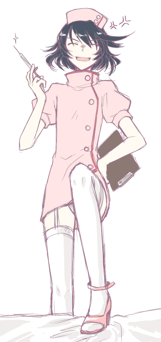 1boy, alfa_system, anger_vein, black_eyes, black_hair, kongwai_tao, male_focus, nurse, short_hair, solo, syuria, tales_of_(series), tales_of_innocence, tales_of_innocence_r, thighhighs, trap