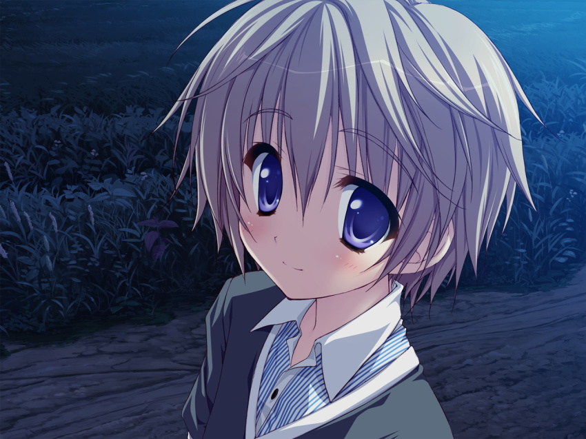 10s, 1boy, blue_eyes, blush, brown_hair, game_cg, hoshino_ayumu, hoshizora_e_kakaru_hashi