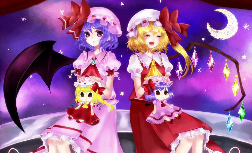 2girls, alternate_eye_color, ascot, bad_id, bad_pixiv_id, bat_wings, blonde_hair, blue_hair, bow, character_doll, closed_eyes, crescent, crescent_moon, crystal, doll, fang, female_focus, flandre_scarlet, hair_bow, hat, hat_ribbon, jewelry, long_skirt, moon, multiple_girls, open_mouth, pink_eyes, puffy_sleeves, remilia_scarlet, ribbon, short_hair, short_sleeves, side_ponytail, skirt, smile, star_(symbol), touhou, wings, yamiori