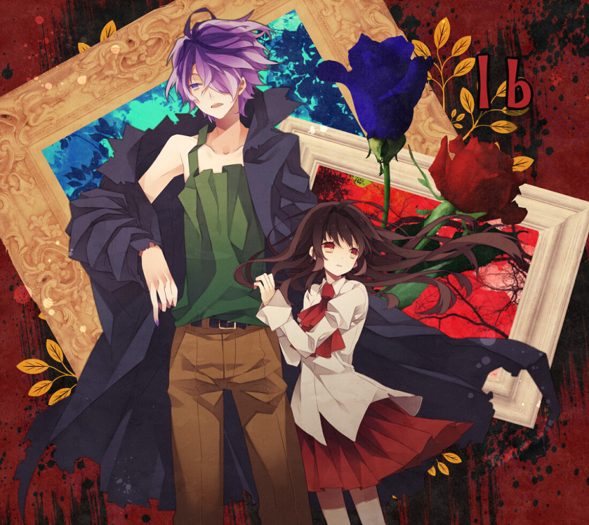 1boy, 1girl, bad_id, bad_pixiv_id, blue_flower, blue_rose, brown_hair, coat