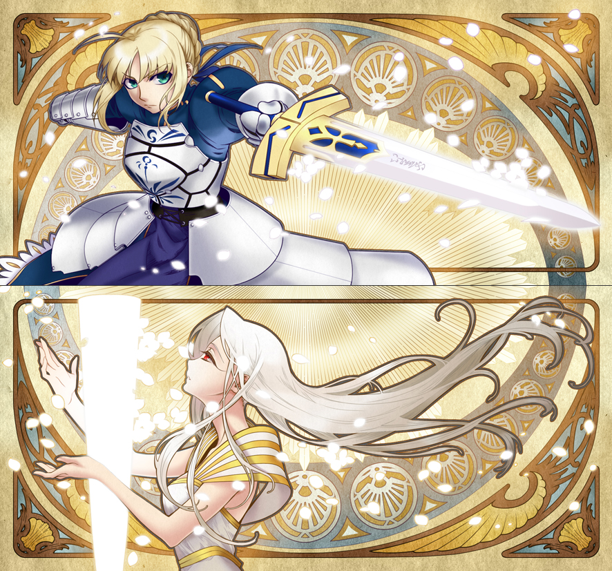 2girls, ahoge, armor, armored_dress, art_nouveau, artoria_pendragon_(fate), avalon_(fate), blonde_hair, dress, excalibur_(fate/stay_night), fate/zero, fate_(series), gauntlets, green_eyes, hair_ribbon, irisviel_von_einzbern, irisviel_von_einzbern_(angel's_song), light_particles, long_hair, multiple_girls, nrrr, red_eyes, ribbon, saber_(fate), sword, weapon, white_hair