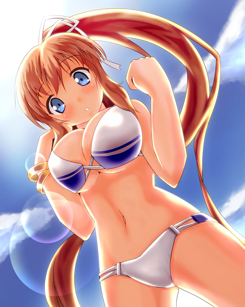 1girl, :o, bikini, blue_eyes, bracelet, breasts, brown_hair, cleavage