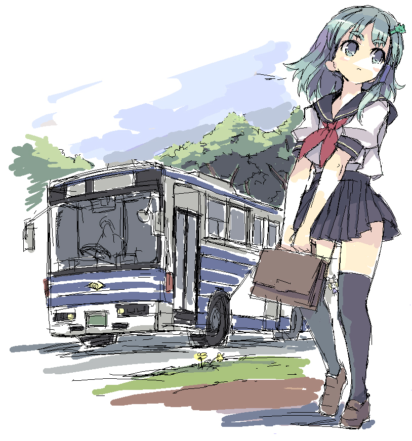 1girl, alternate_costume, bus, female_focus, kochiya_sanae, motor_vehicle, nature, oekaki