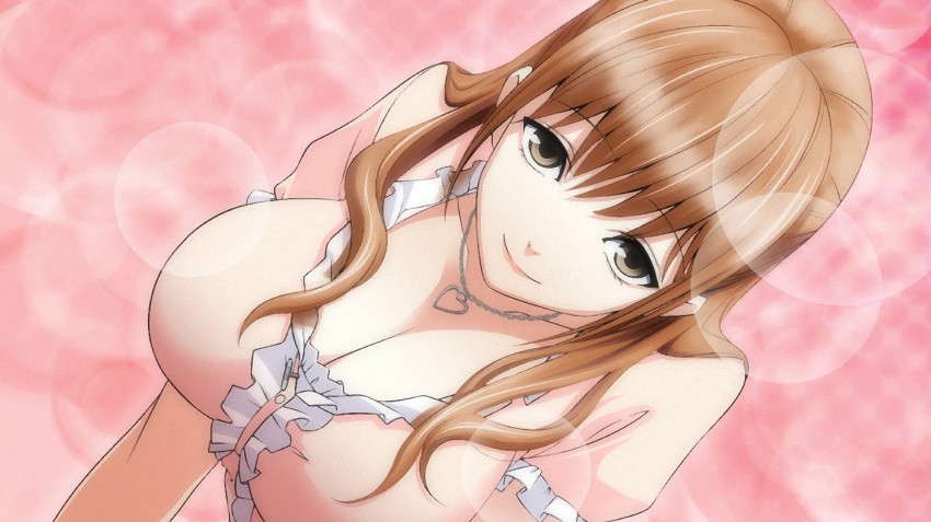 1girl, breasts, brown_hair, cleavage, dress, female_focus, grey_eyes, kiyohara_hiro