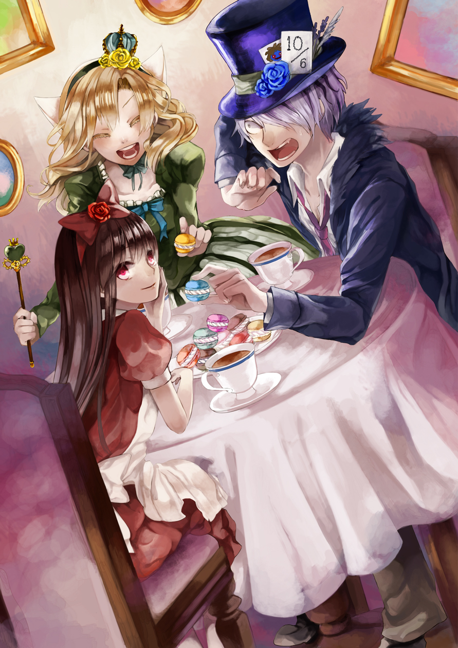 1boy, 2girls, alice_(alice_in_wonderland), alice_(alice_in_wonderland)_(cosplay), alice's_adventures_in_wonderland, animal_ears, bad_id, bad_pixiv_id