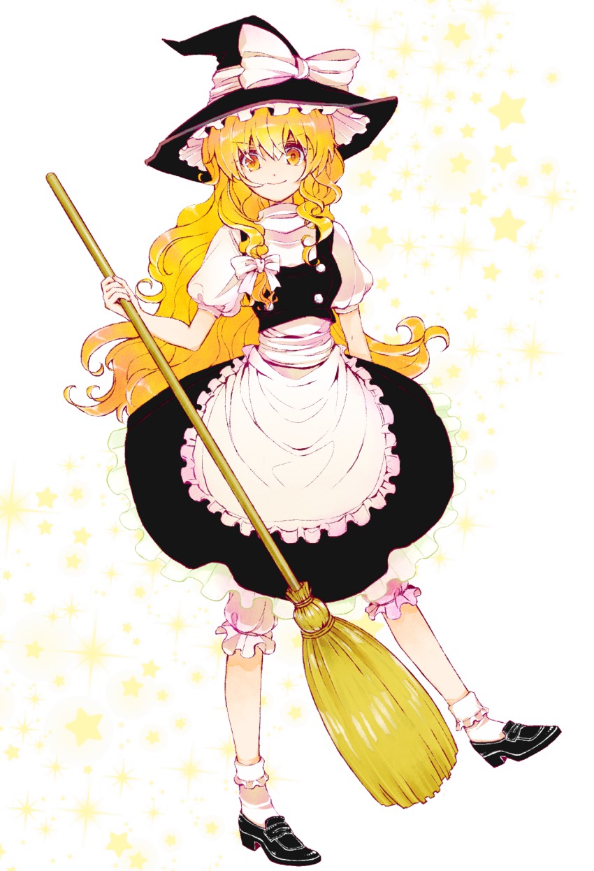 1girl, apron, bad_id, bad_pixiv_id, blonde_hair, bloomers, bow, broom